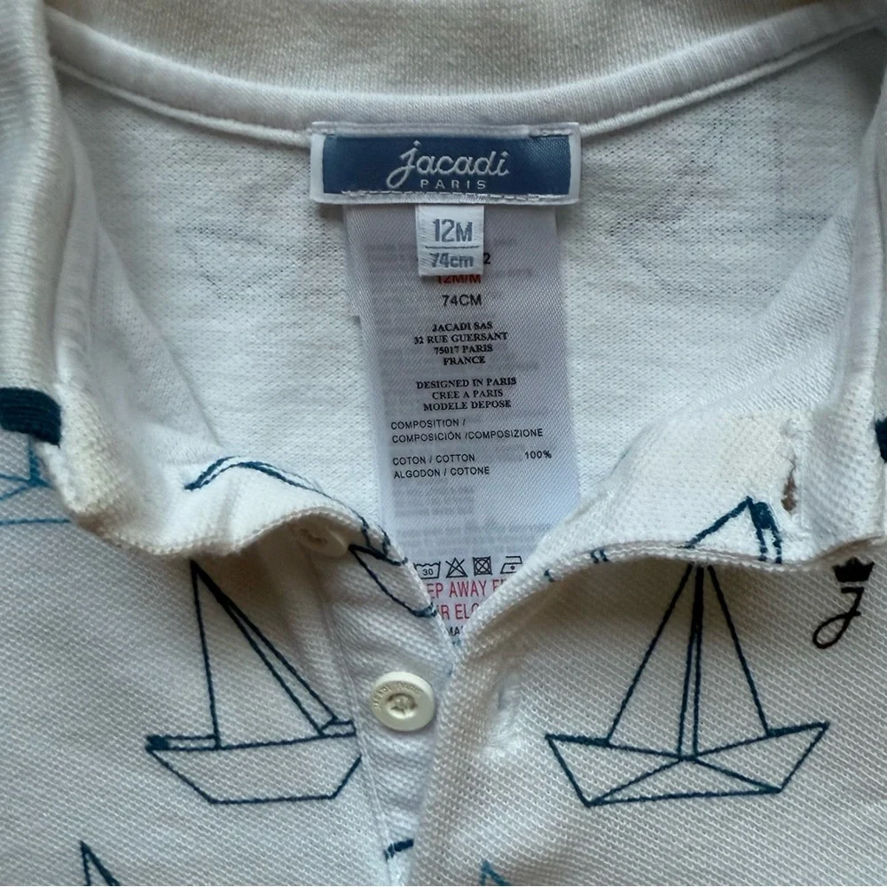 Jacadi Boys White Pique Knit Polo Shirt with Blue Sailboat Print - Size 12M